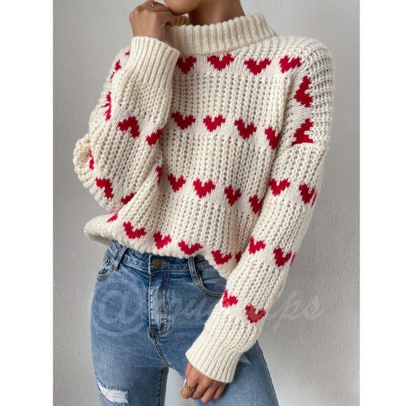 Hearts Print Red on Beige Knit Pullover Sweater Long Sleeve - Picture 1 of 16